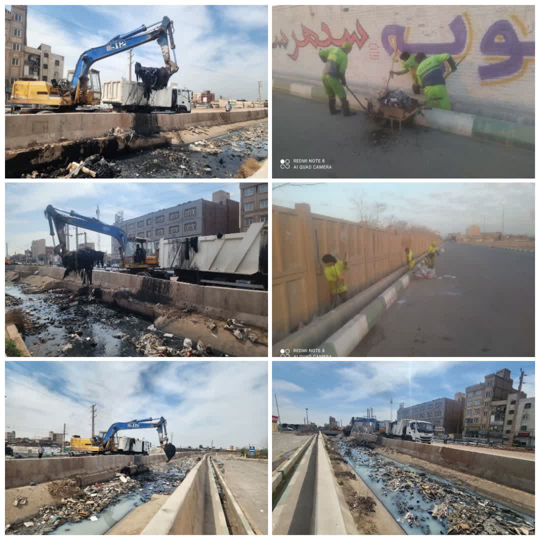 اجرای مستمر طرح لایروبی کانال‌ها و انهار شهر فرون آباد 