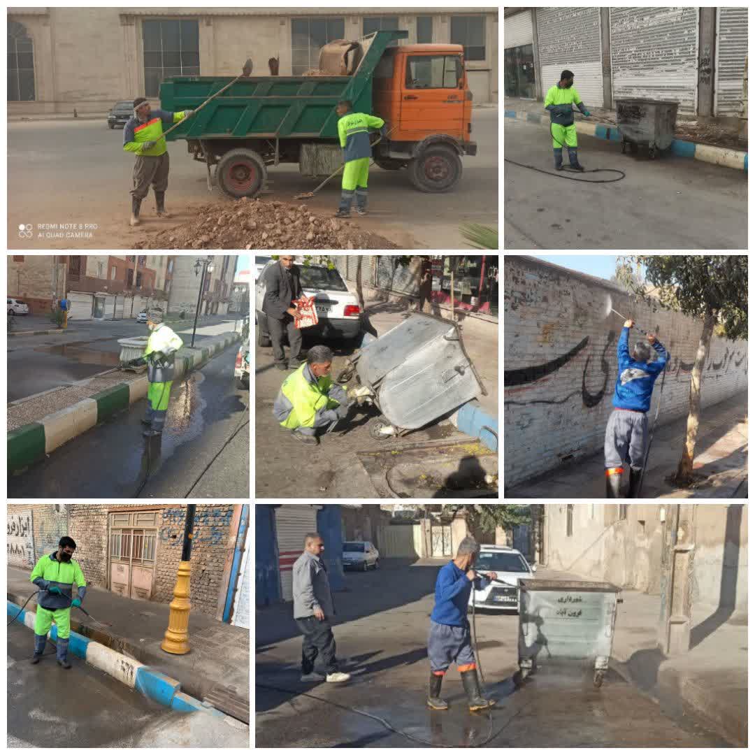 اجرا طرح جهادی شستشو و پاکسازی محیطی سطح شهر فرون آباد 